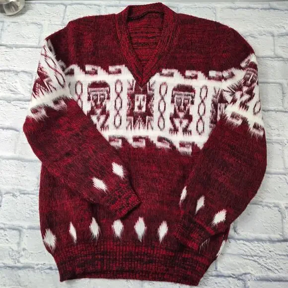 Fair Isle Red & White Fuzzy V-neck Cozy Sweater Stretchy size Small - Picture 6 of 12